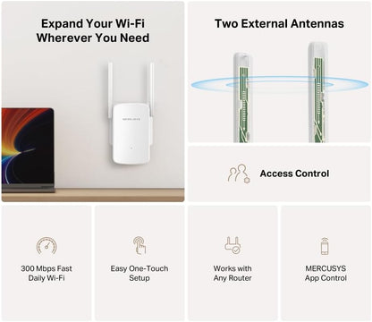 MERCUSYS ME12 WiFi Extender Booster, 2 External Antennas WiFi Booster, APP Control WiFi Extender,TP-Link WiFi Repeater Works with Any Router or Wireless Access Point,Plug and Play,Signal Indicator