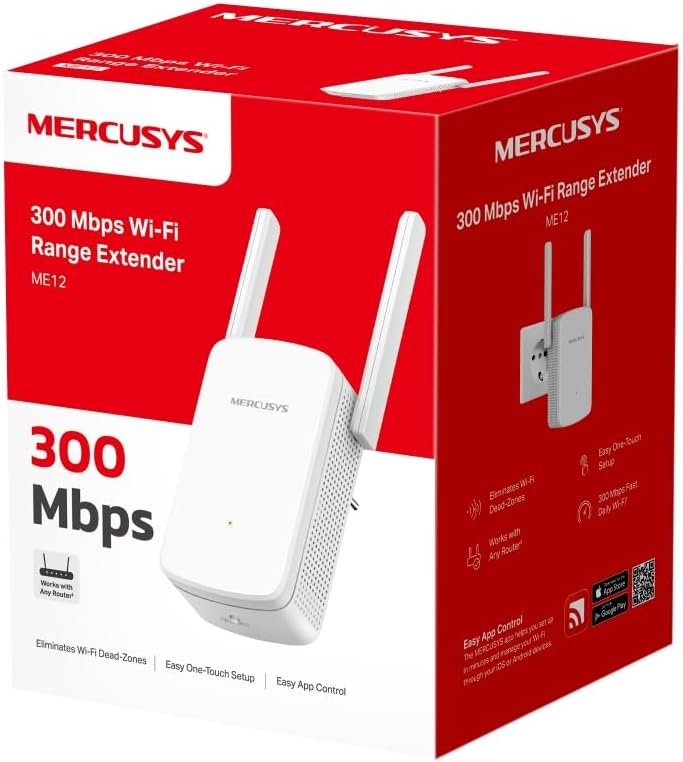 MERCUSYS ME12 WiFi Extender Booster, 2 External Antennas WiFi Booster, APP Control WiFi Extender,TP-Link WiFi Repeater Works with Any Router or Wireless Access Point,Plug and Play,Signal Indicator