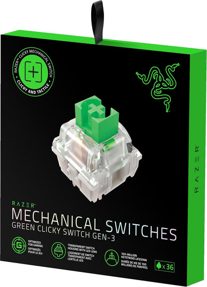 Razer Mechanische Schakelaars Pack - 36 Gen-3 mechanische PC-schakelaars (geoptimaliseerd voor Gaming, transparante behuizing met LED, veelzijdige 3-pins connectoren) Green Clicky Switches