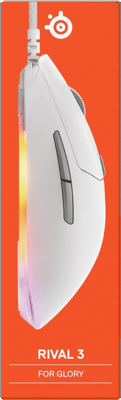 SteelSeries Rival 3 Gen 2 - Mouse da gioco - Sensore ottico TrueMove Core da 8500 DPI - 60 milioni di clic di durata - bassa latenza - 77 g di peso - 100% piedini in PTFE - RGB - Bianco
