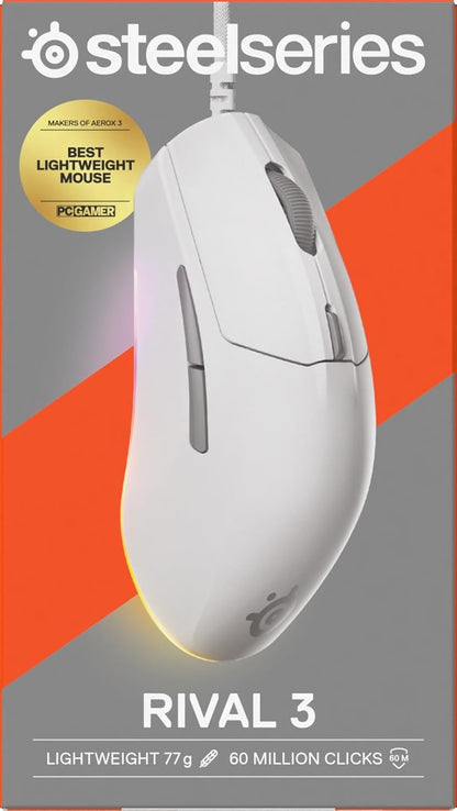SteelSeries Rival 3 Gen 2 - Mouse da gioco - Sensore ottico TrueMove Core da 8500 DPI - 60 milioni di clic di durata - bassa latenza - 77 g di peso - 100% piedini in PTFE - RGB - Bianco
