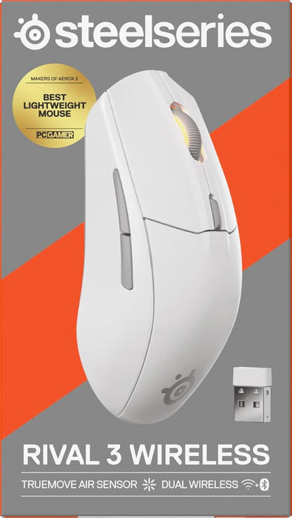 SteelSeries Rival 3 Wireless Gen 2 - Mouse da gioco - 2,4 GHz e Bluetooth - Sensore ottico TrueMove Air da 18000 DPI - Durata 60 milioni di clic - Leggero - Piedini 100% PTFE - Bianco