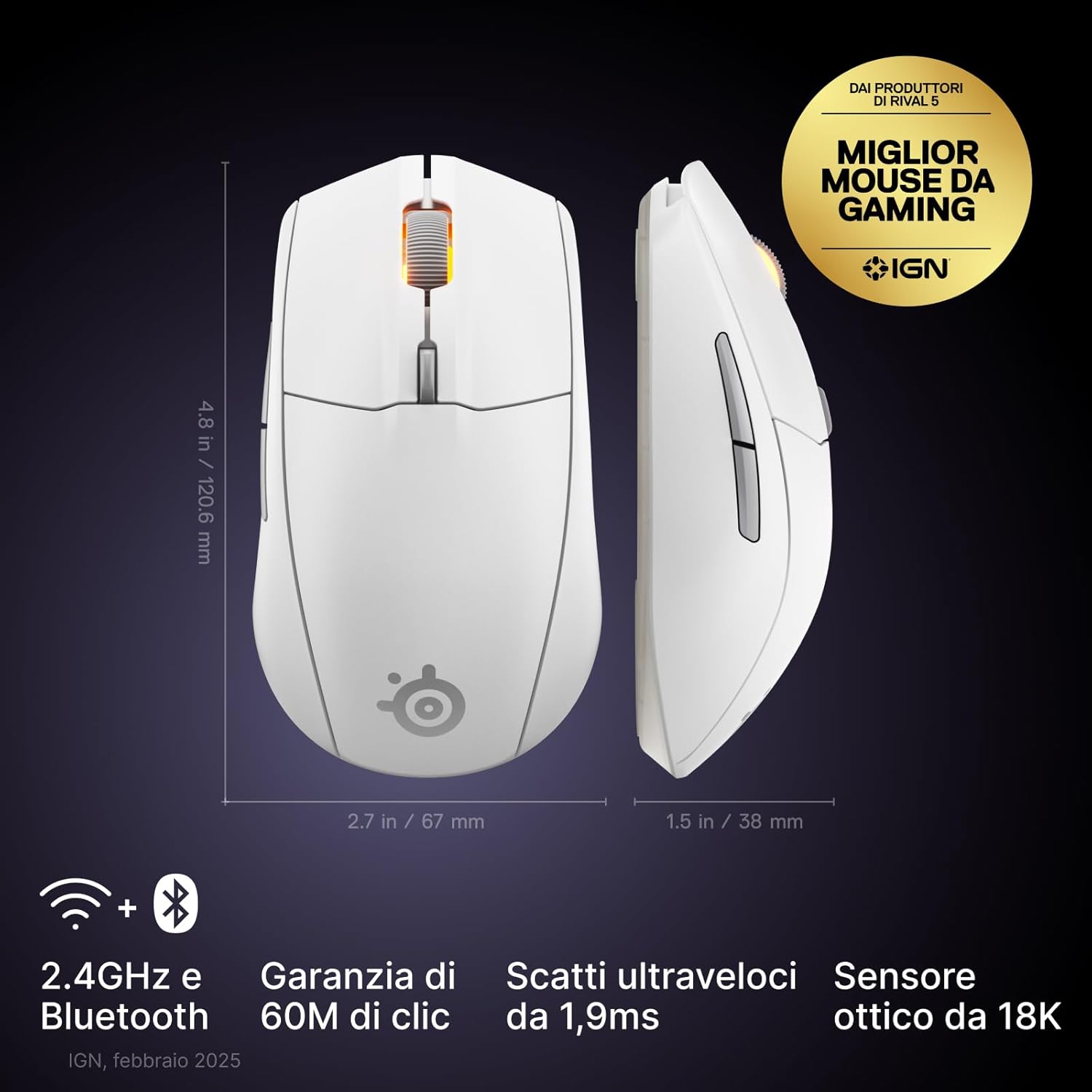 SteelSeries Rival 3 Wireless Gen 2 - Mouse da gioco - 2,4 GHz e Bluetooth - Sensore ottico TrueMove Air da 18000 DPI - Durata 60 milioni di clic - Leggero - Piedini 100% PTFE - Bianco