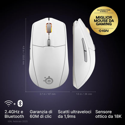 SteelSeries Rival 3 Wireless Gen 2 - Mouse da gioco - 2,4 GHz e Bluetooth - Sensore ottico TrueMove Air da 18000 DPI - Durata 60 milioni di clic - Leggero - Piedini 100% PTFE - Bianco
