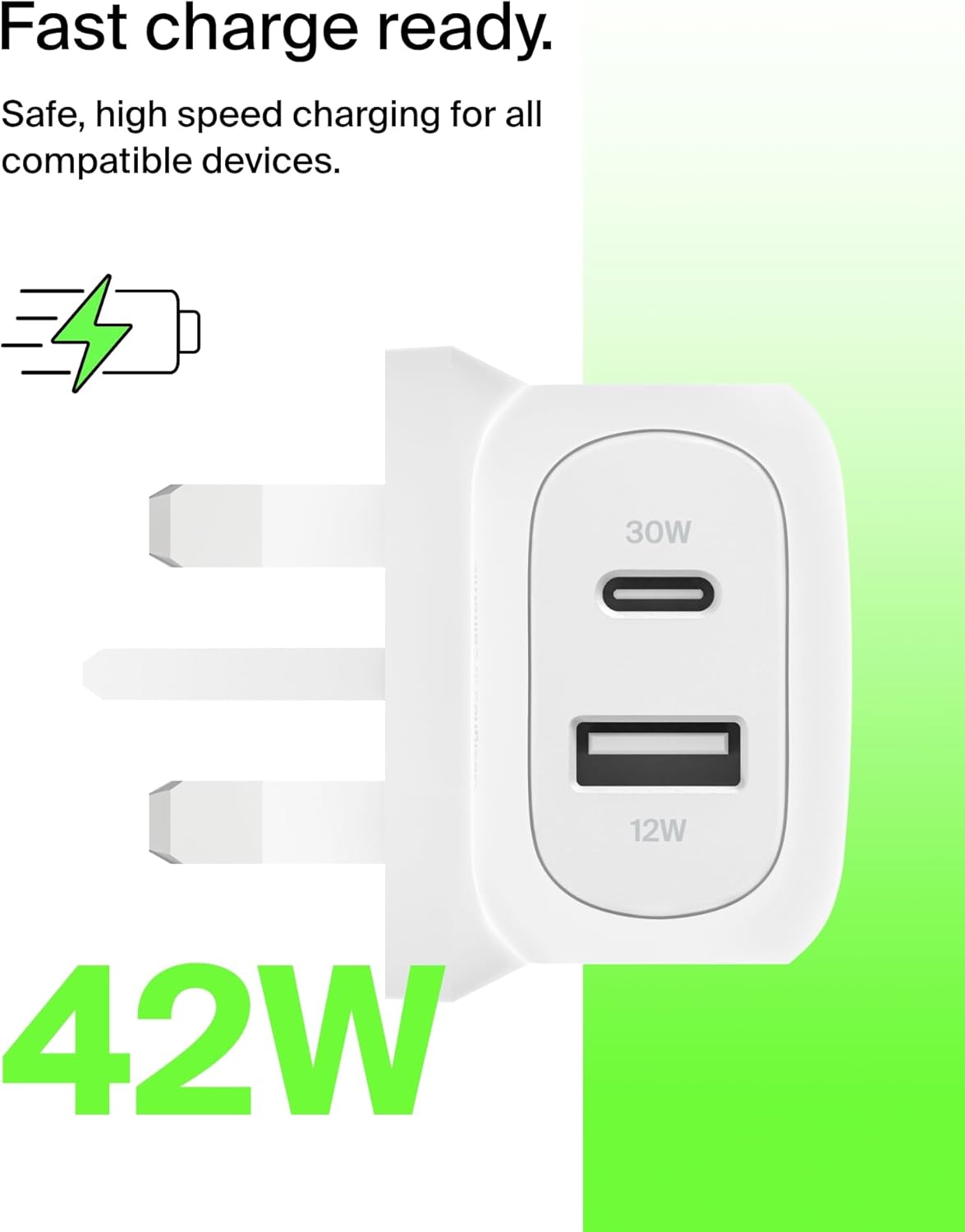 BOOSTCHARGE 42w - 30w USB-C PD PPS + 12w USB-A Dual Wall Charger White
