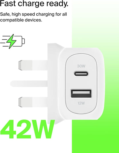 BOOSTCHARGE 42w - 30w USB-C PD PPS + 12w USB-A Dual Wall Charger White