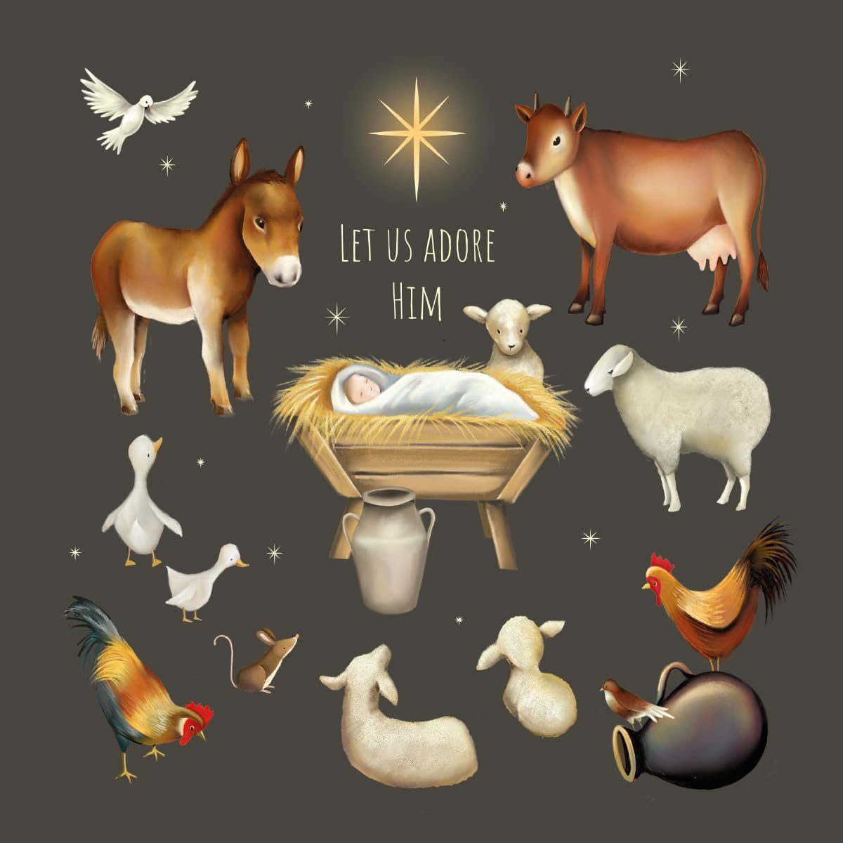 Compassion Christmas Card: Manger Animals Let Us Adore Him (pack of 10