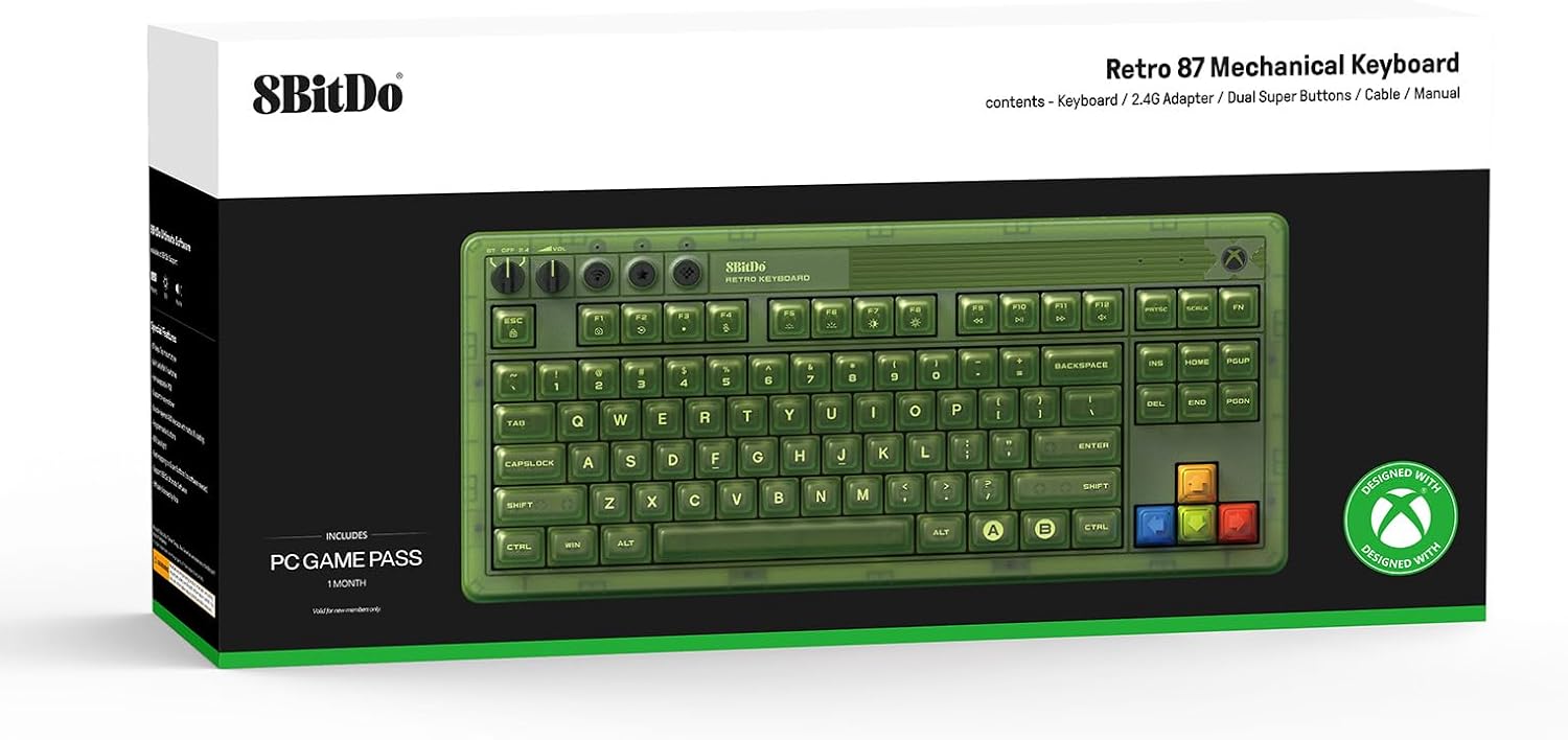 8Bitdo Retro 87 Mechanical Keyboard with RGB Backlight, Bluetooth/2.4G/USB-C Hot Swappable Wireless Gaming Keyboard for Windows and Android - Xbox Edition (Officially Licensed