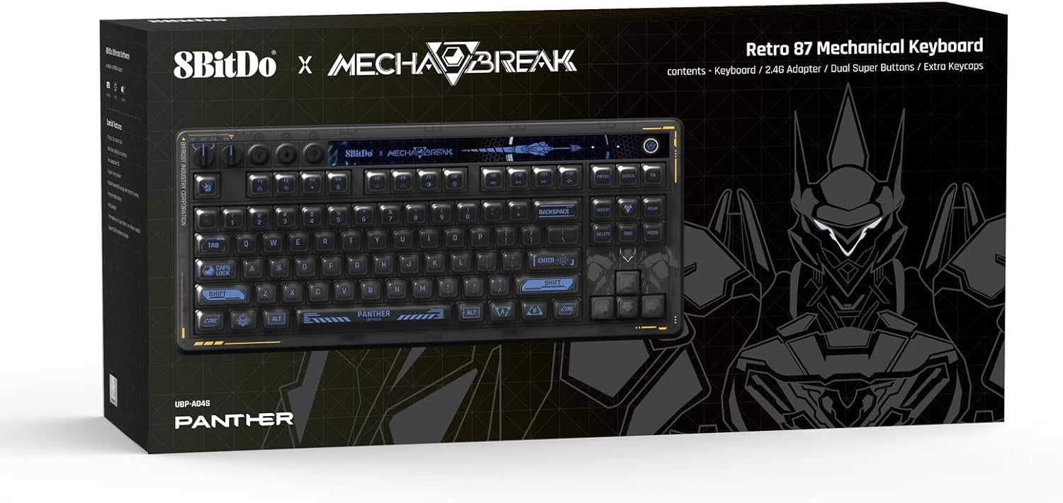 8Bitdo Retro 87 Mechanical Keyboard with Hot-Swappable Kailh Switches, RGB Backlight, Programmable Buttons, Wireless 2.4G/Bluetooth/USB-C for Windows and Android - Mecha Break: Panther - ANSI US