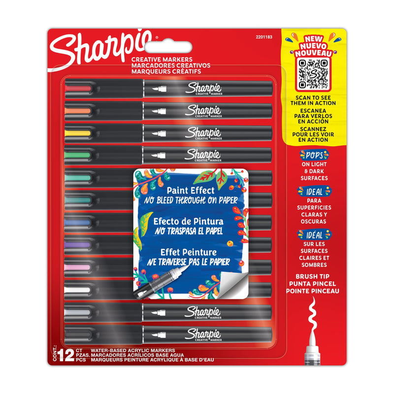 Sharpie Creative Marker Acrylverfmarkers | Brushtip | Verfmarkers op waterbasis | Inkt loopt niet door en geschikt voor de meeste oppervlakken | Diverse kleuren | 12 stuks