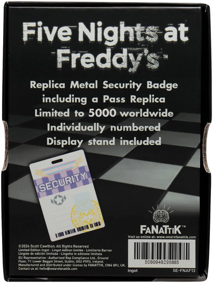 FaNaTtik Five Nights at Freddy's Limitierter Security Badge – Replica Ausweis, Antikmessing, 90x55mm, Nummeriert, Weltweit auf 5.000 Stück Limitiert, Mit Clip & Präsentationsbox