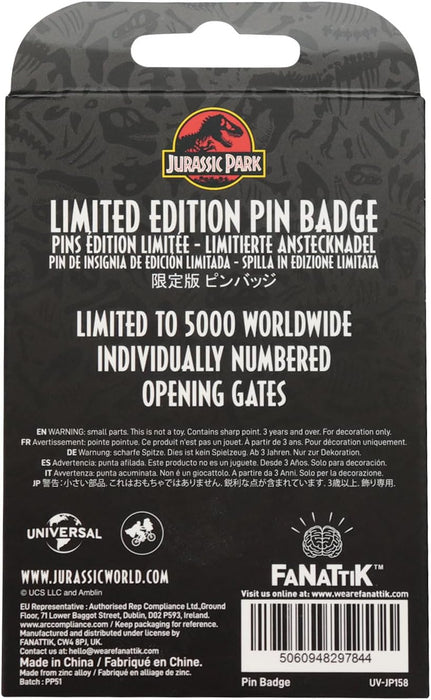 Jurassic Park Gates Limited Edition Special Hinged Pin Badge - Individually Numbered - Officially Licensed Merchandise