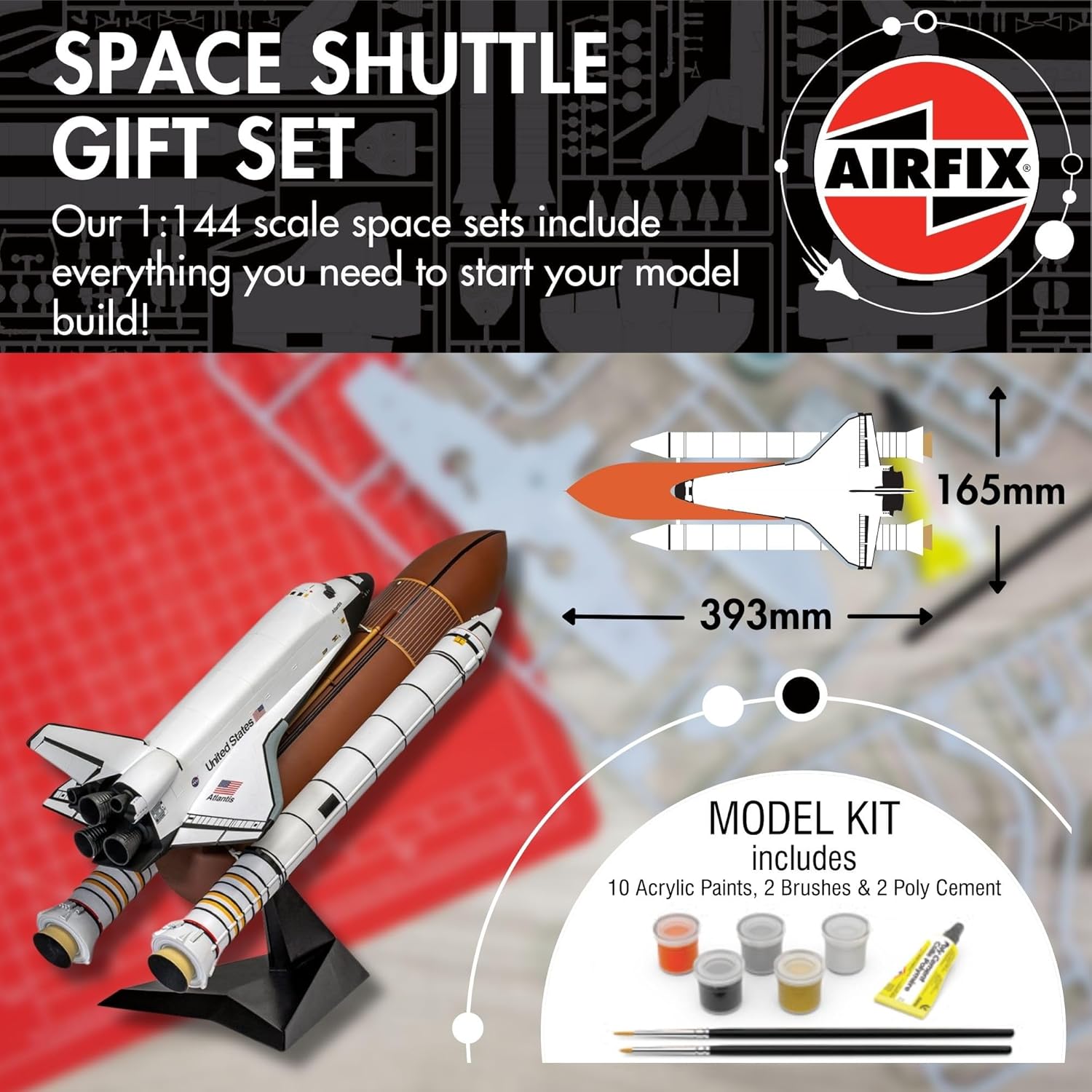 Airfix A50200 Space Shuttle Gift Set - Plastic Model Kits, Spacecraft Building Kits for Adults & Kids 8+, Includes: 1:144 Scale Model, Humbrol Acrylic Paints, Brushes & Poly Cement