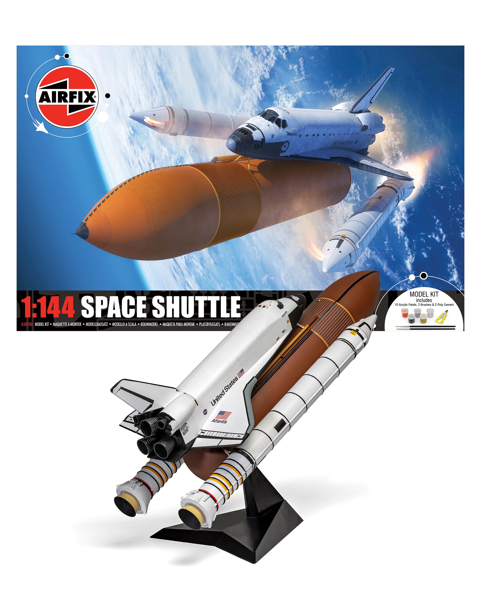 Airfix A50200 Space Shuttle Gift Set - Plastic Model Kits, Spacecraft Building Kits for Adults & Kids 8+, Includes: 1:144 Scale Model, Humbrol Acrylic Paints, Brushes & Poly Cement