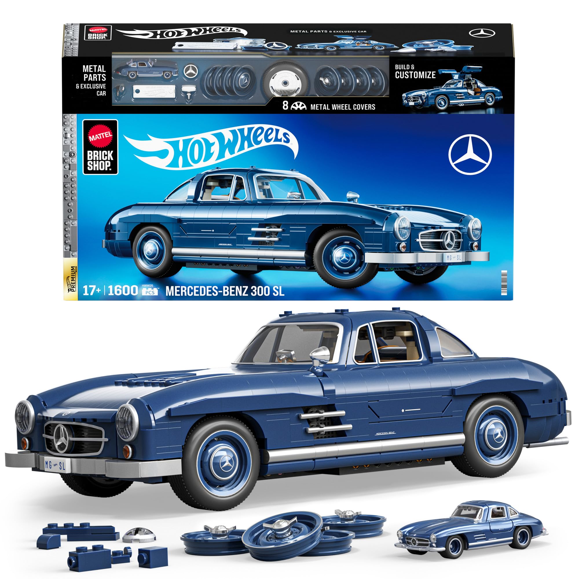 Mattel Brick Shop Hot Wheels Premium Series Building Set, Mercedes-Benz 300 SL with 1600 Pieces, Realistic Details and Metal Parts, Includes Metal Car, Father’s Day Gift for Adult Collectors, HWW25
