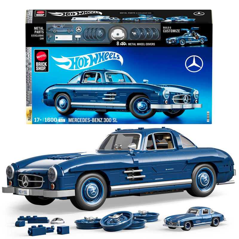 Mattel Brick Shop Hot Wheels Premium Series Building Set, Mercedes-Benz 300 SL with 1600 Pieces, Realistic Details and Metal Parts, Adult Collectors, HWW25