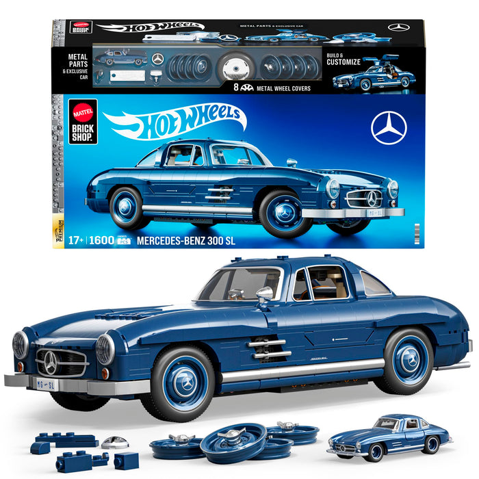 Mattel Brick Shop Hot Wheels Premium Series Building Set, Mercedes-Benz 300 SL with 1600 Pieces, Realistic Details and Metal Parts, Adult Collectors, HWW25