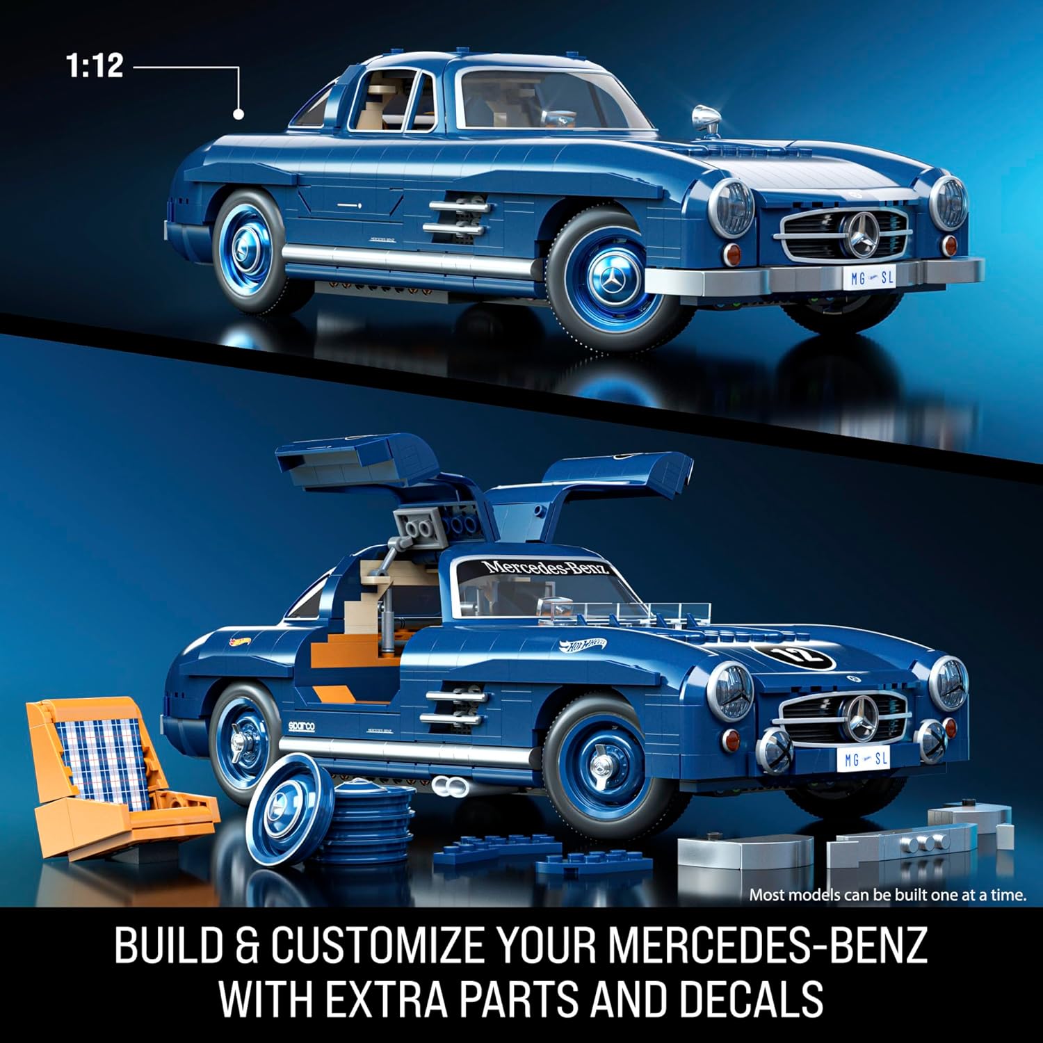 Mattel Brick Shop Hot Wheels Premium Series Building Set, Mercedes-Benz 300 SL with 1600 Pieces, Realistic Details and Metal Parts, Includes Metal Car, Father’s Day Gift for Adult Collectors, HWW25