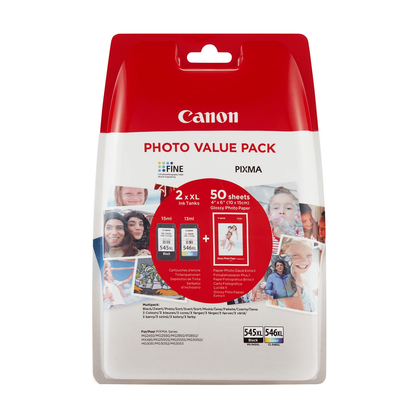 Canon PG-545 XL CL-546 XL VALUE Pack de 2 cartouches (Noir XL Couleur XL) +50 feuilles Papier Photo Canon 10x15cm Certifié Canon (Plastique Obsolète 2018)