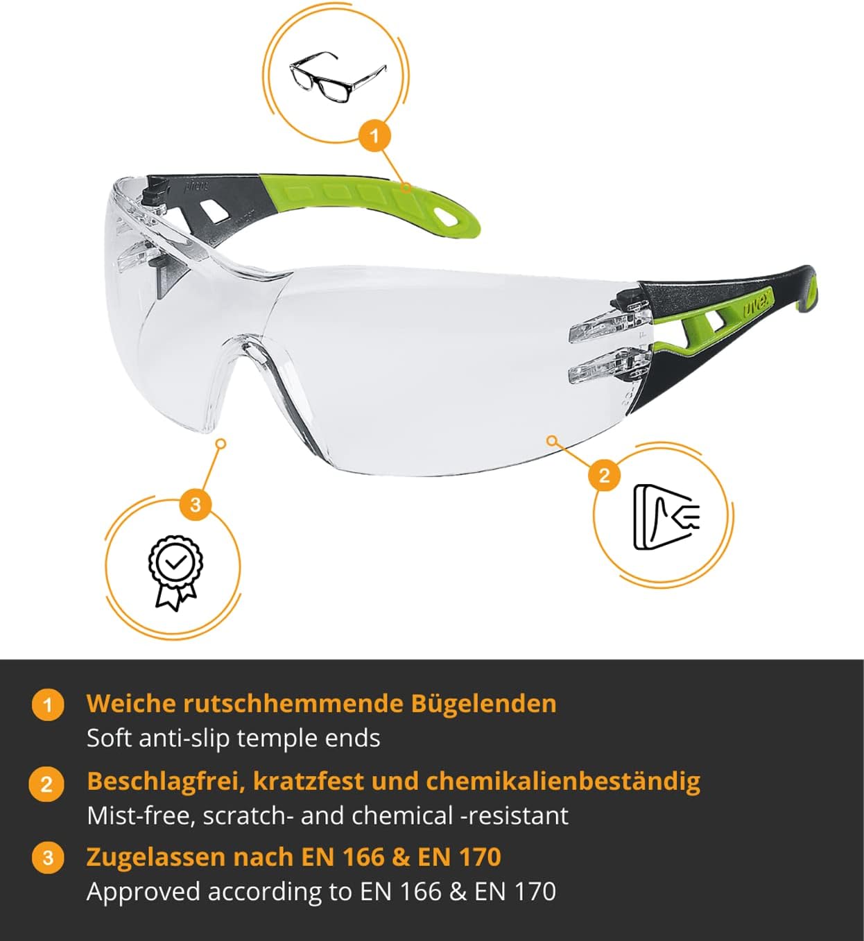 Uvex Pheos Safety Glasses - Anti-Fog and Scratch and Chemical Resistant