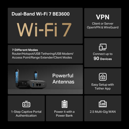 TP-Link TL-WR3602BE BE3600Mbps Wi-Fi 7 Travel Router, USB 3.0 and 2.5 Multi-Gig WAN Ports, Portable WiFi Router, VPN Client or Server, Hotspot, Access Point, USB Tethering