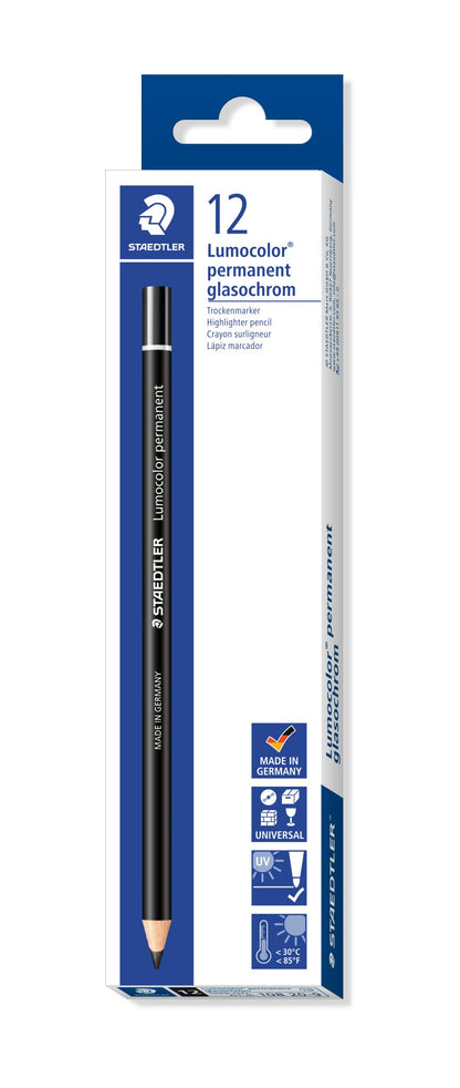 Staedtler 108 20-9 Lumocolor Permanent Glasochrom Dry Marker Pencil - Black (Pack of 12