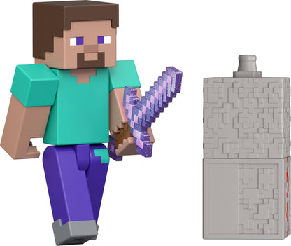 Mattel Minecraft Toys, Steve Action Figure with Accessory & Redstone Building Piece, 3.25-inch Scale Collectible Set Inspired by the Video Game, JJR85