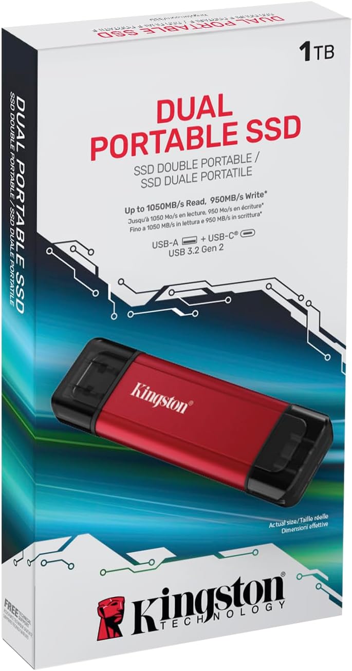 Kingston Dual Portable SSD 1TB Dual USB-A/C Up to 1050MB/s USB 3.2 Gen 2 - SPSD/1TB