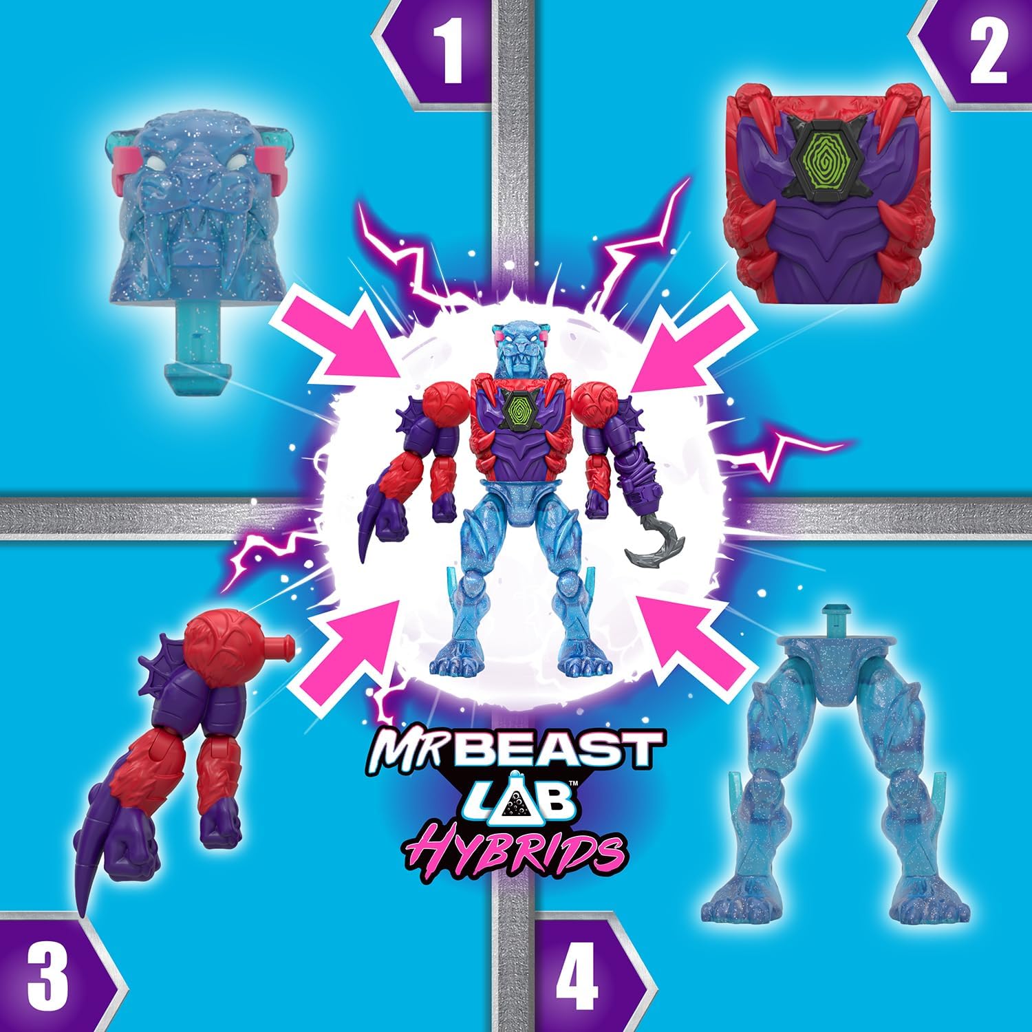 MRBEAST LAB Hybrids Multi Pack, Reveal Different Hybrid Parts To Create 2 Mix & Match Action Figures, Plus Parts Of The Golden Panther Dragon, Fuse Millions Of Beast Combinations, Collect 30+ Beasts