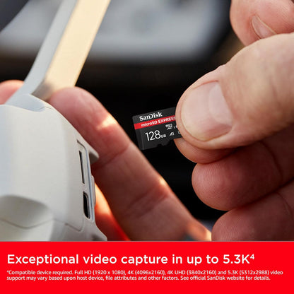 SanDisk microSD Express Card, 12GB mSD card, Read speeds up to 880 MB/s, Write Speeds up to 480MB/s, Sustained Write 100MB/s, SanDisk QuickFlow Technology, ThermAdapt, UHS-I, U3, C10