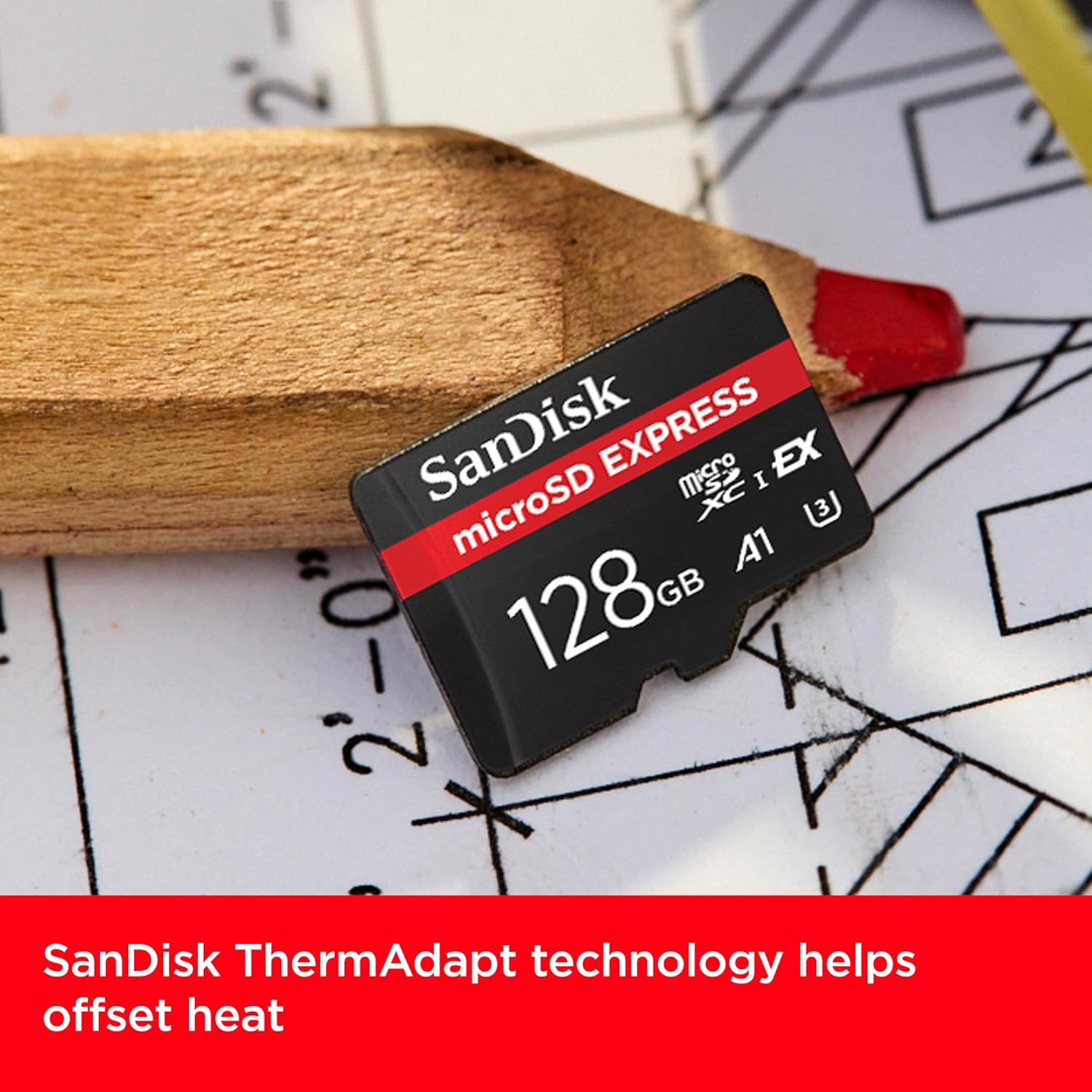 SanDisk microSD Express Card, 12GB mSD card, Read speeds up to 880 MB/s, Write Speeds up to 480MB/s, Sustained Write 100MB/s, SanDisk QuickFlow Technology, ThermAdapt, UHS-I, U3, C10