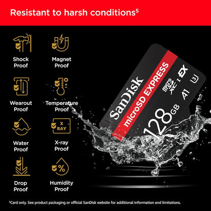 SanDisk microSD Express Card, 12GB mSD card, Read speeds up to 880 MB/s, Write Speeds up to 480MB/s, Sustained Write 100MB/s, SanDisk QuickFlow Technology, ThermAdapt, UHS-I, U3, C10