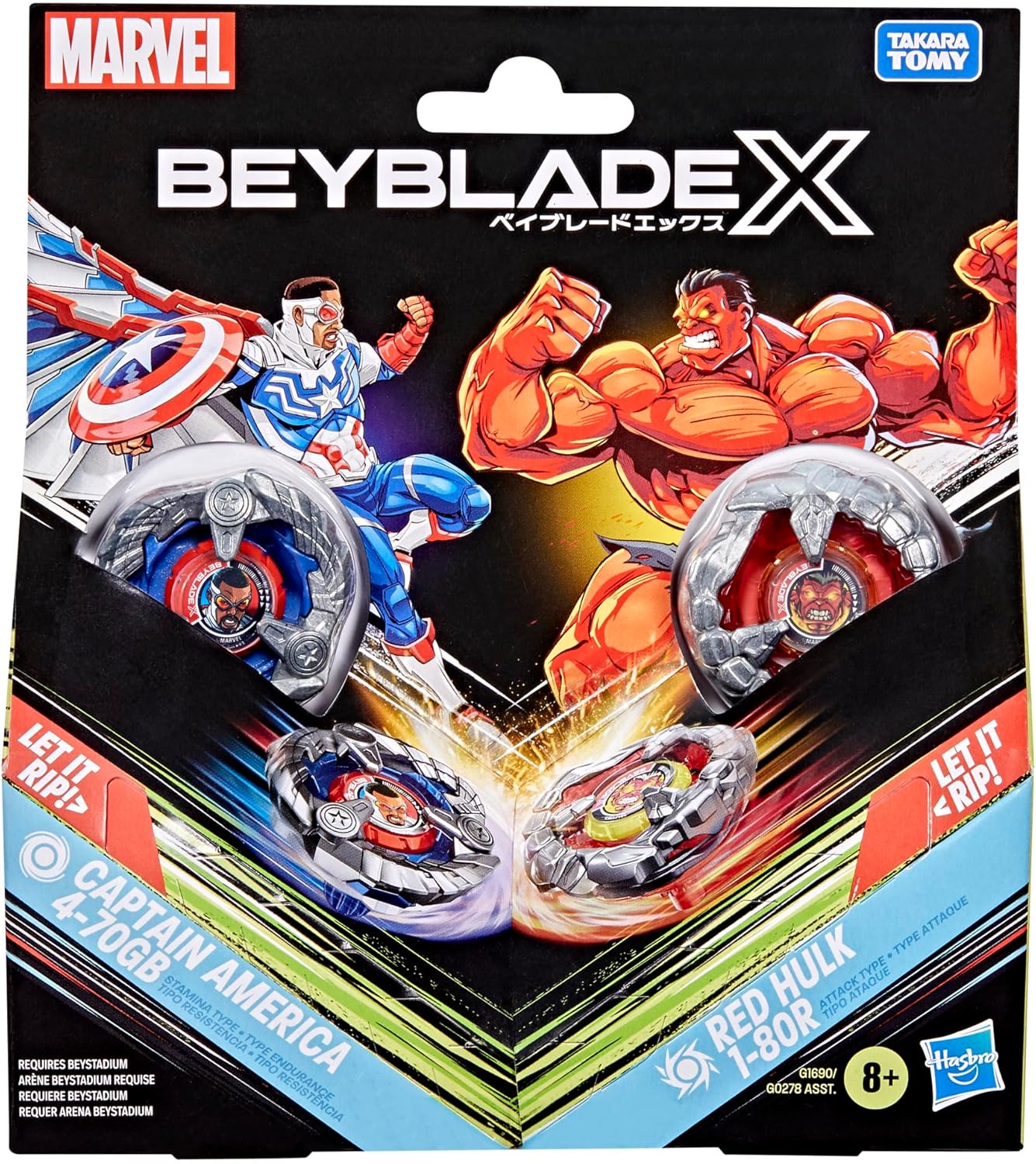 Beyblade X and Marvel Collab, Captain America 4-70GB vs Red Hulk 1-80R
