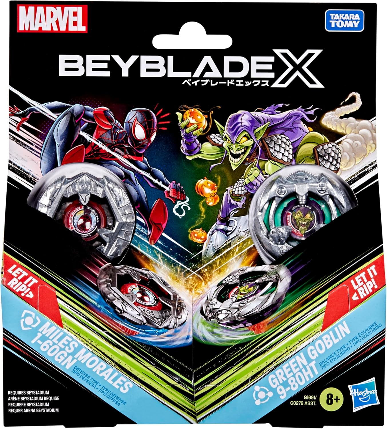 Beyblade X and Marvel Collab Miles Morales 1-60GN vs Green Goblin 9-80HT