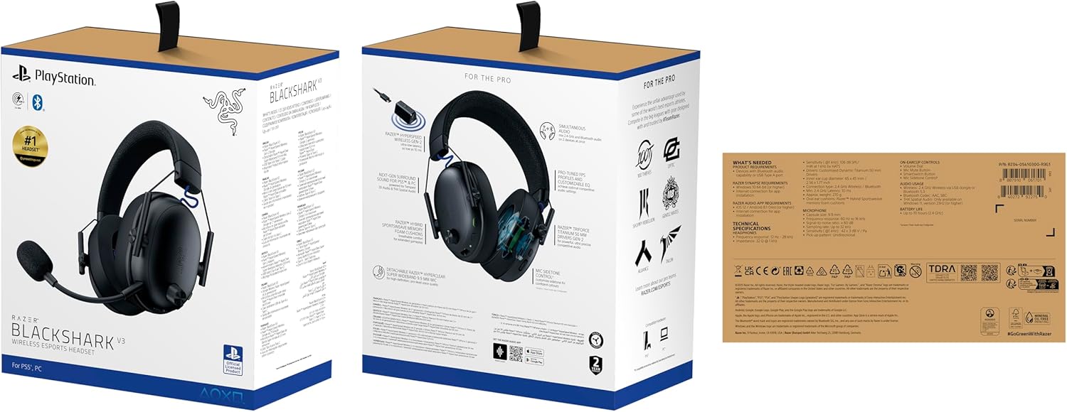 Razer BlackShark V3 for PlayStation - Wireless E-sports Headset - TriForce 50 mm Driver - Detachable Wideband Mic - HyperSpeed 2,4 GHz & Bluetooth - THX Spatial Audio - PS5/PC | Black