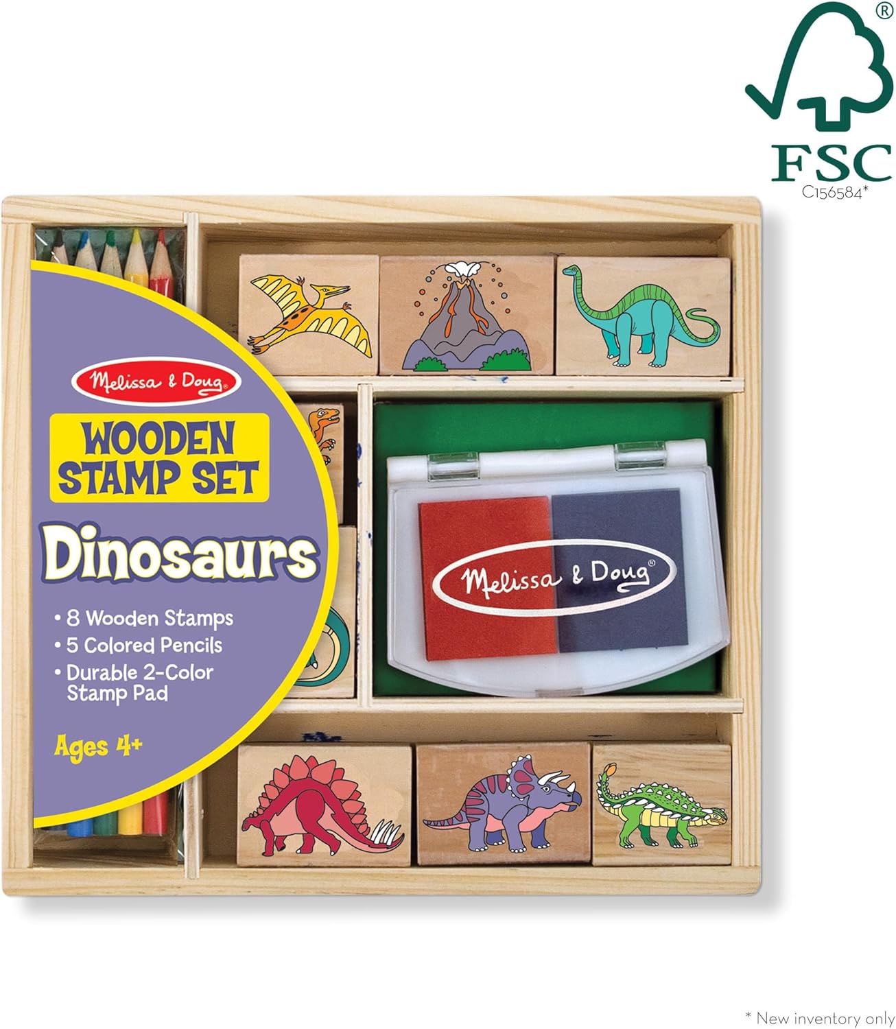 Melissa & Doug Dinosaur Stamp Set with Colouring Pencils for Children | Arts and Crafts for Kids Age 4+ | Wooden Stamps for Kids | Dinosaur Toys for Boys Gifts | Art Set Gift for 4 Year Old Boy