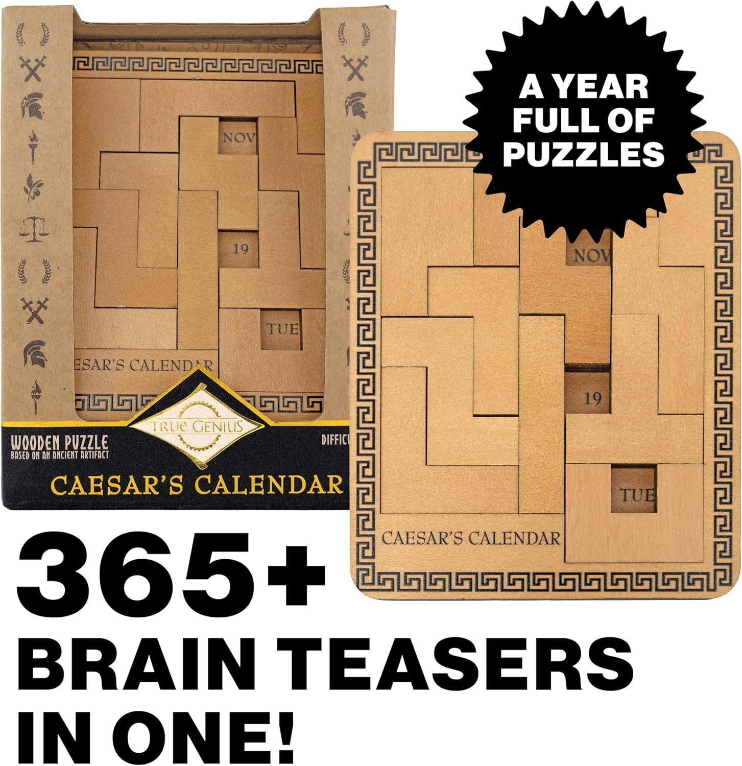 True Genius: Caesar's Calendar - One-A-Day Puzzle Calendar, Wooden Brain Teaser Puzzle