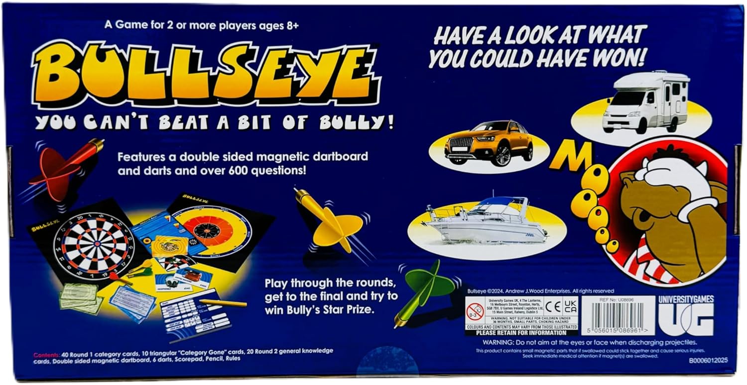 Bullseye Board Game, Classic TV Show Quiz with Magnetic Darts, Ages 14+, 2-8 Players, Blue