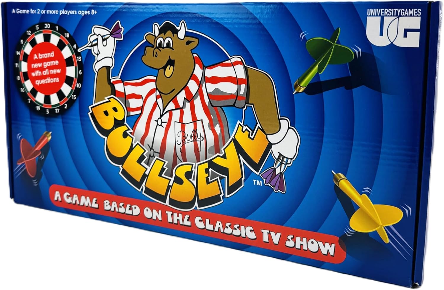Bullseye Board Game, Classic TV Show Quiz with Magnetic Darts, Ages 14+, 2-8 Players, Blue