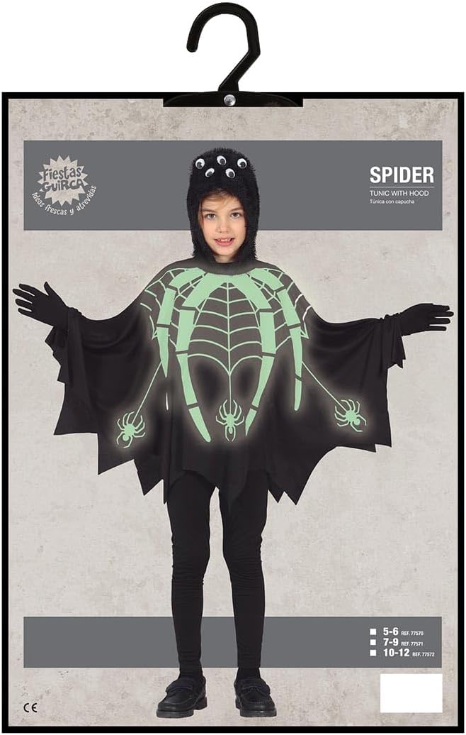 FIESTAS GUIRCA Spinnenkostuum Glow in the Dark - zwarte poncho met capuchon voor kinderen van 5-6 jaar