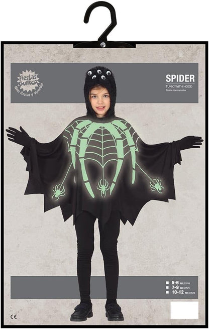 FIESTAS GUIRCA Spinnenkostuum Glow in the Dark - zwarte poncho met capuchon voor kinderen van 5-6 jaar