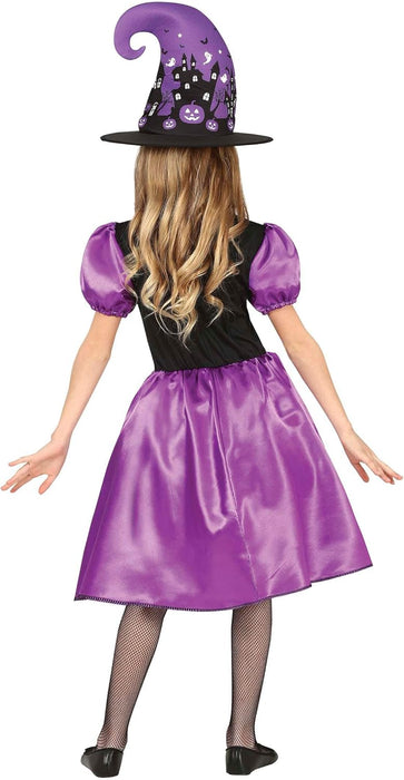 FIESTAS GUIRCA Lila Hexenkostüm - Kleid mit hübschem Halloween Druckmuster und Hexenhut für Mädchen