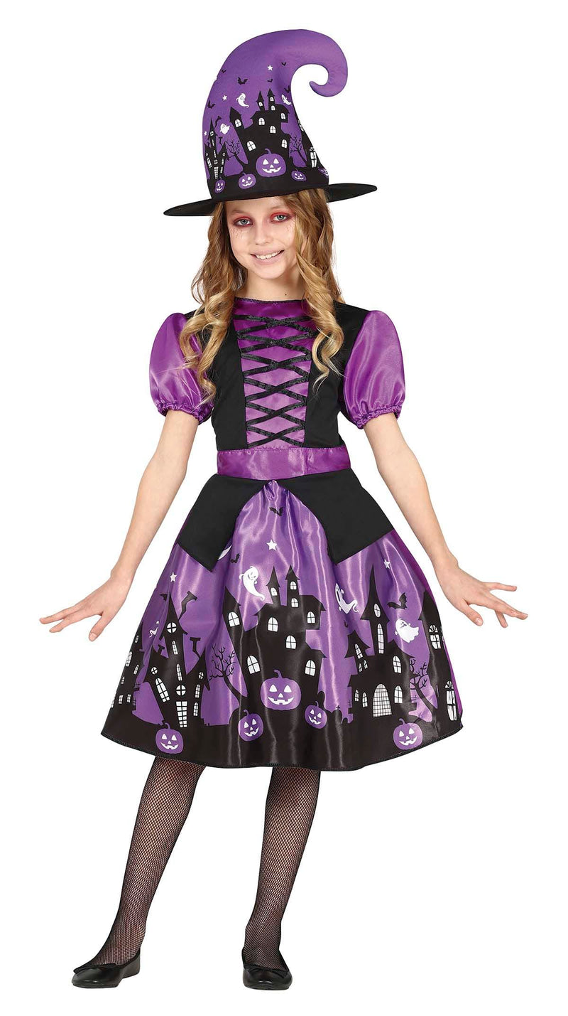 FIESTAS GUIRCA Lila Hexenkostüm - Kleid mit hübschem Halloween Druckmuster und Hexenhut für Mädchen