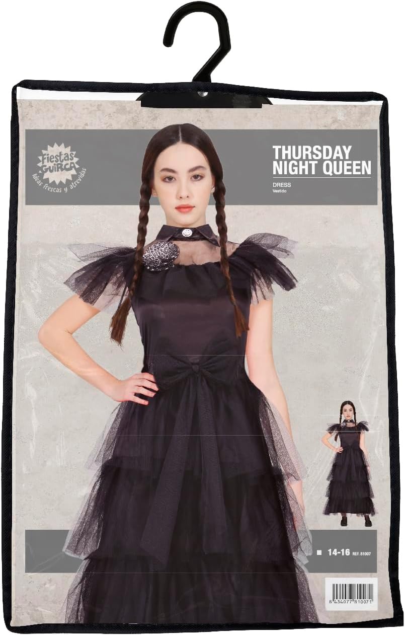FIESTAS GUIRCA Kostuum voor meisjes, gothic-familie, koningin van de nacht, elegante zwarte jurk, Halloween-kostuum, 14-16 jaar