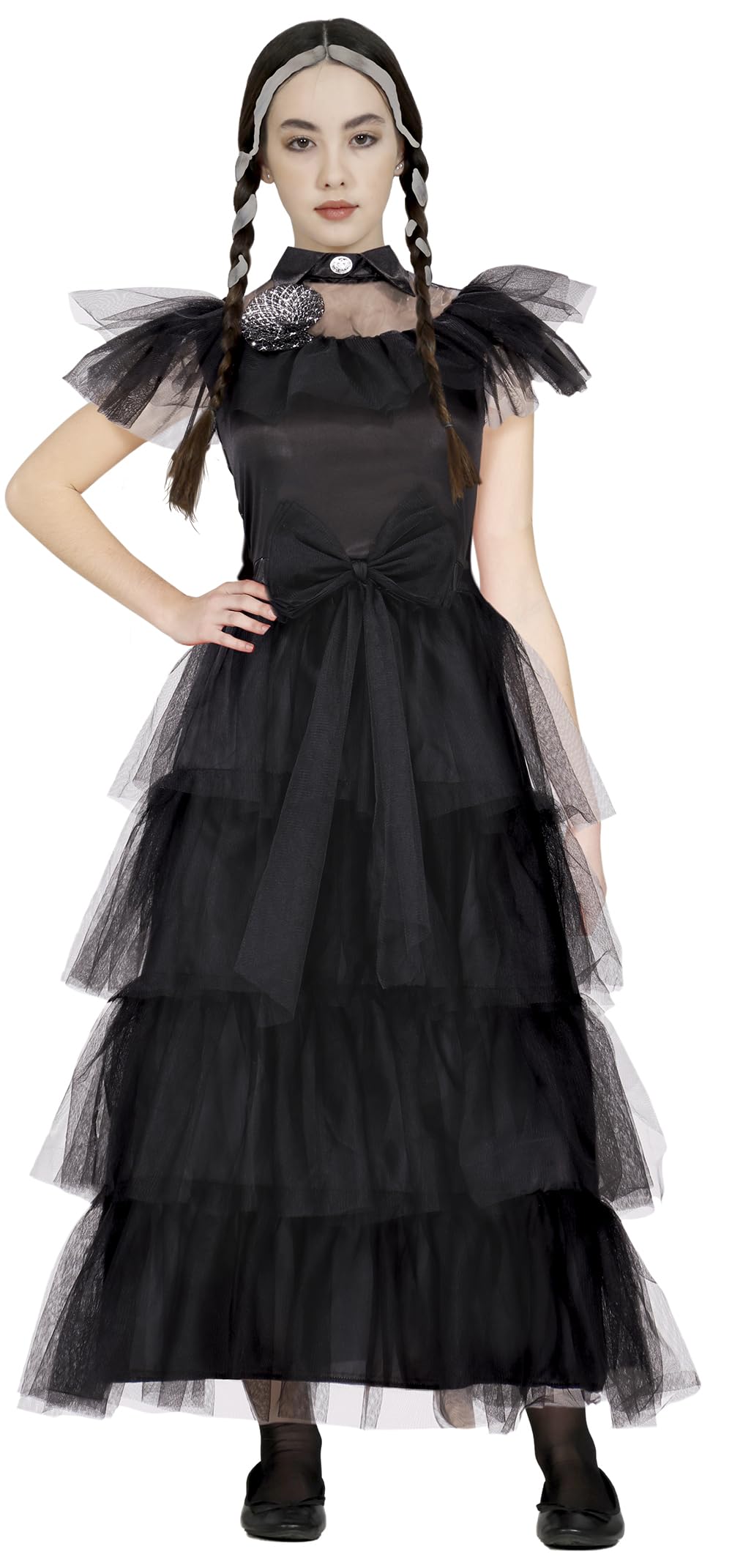 FIESTAS GUIRCA Kostuum voor meisjes, gothic-familie, koningin van de nacht, elegante zwarte jurk, Halloween-kostuum, 14-16 jaar