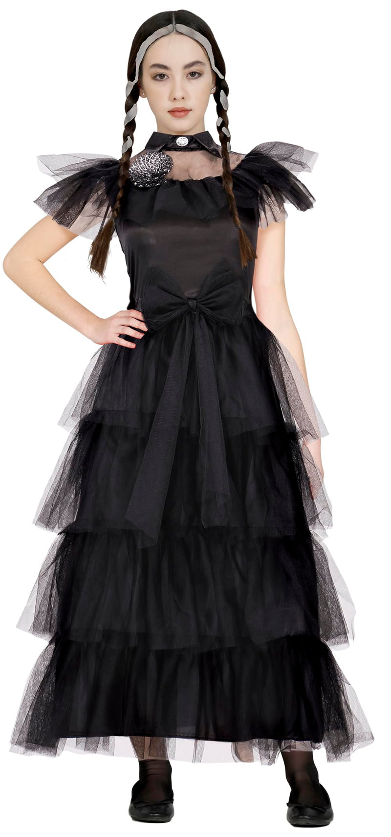 FIESTAS GUIRCA Kostuum voor meisjes, gothic-familie, koningin van de nacht, elegante zwarte jurk, Halloween-kostuum, 14-16 jaar