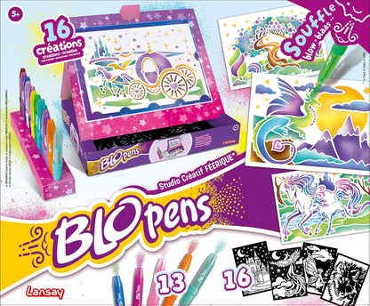Lansay – Creative Studio BLOPENS | Drawing & Coloring Kit for Children from 5 Years | 13 Blopens Airbrush Effect Felt-Tip Pens + 16 Reusable Stencils | Manual Activity