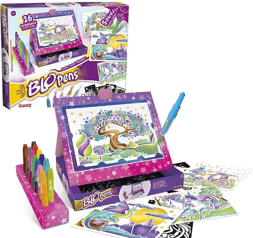 Lansay – Creative Studio BLOPENS | Drawing & Coloring Kit for Children from 5 Years | 13 Blopens Airbrush Effect Felt-Tip Pens + 16 Reusable Stencils | Manual Activity