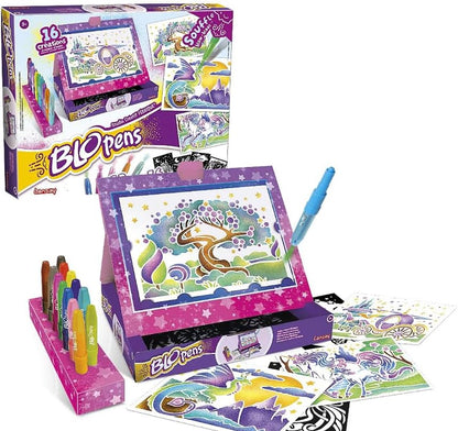 Lansay – Creative Studio BLOPENS | Drawing & Coloring Kit for Children from 5 Years | 13 Blopens Airbrush Effect Felt-Tip Pens + 16 Reusable Stencils | Manual Activity