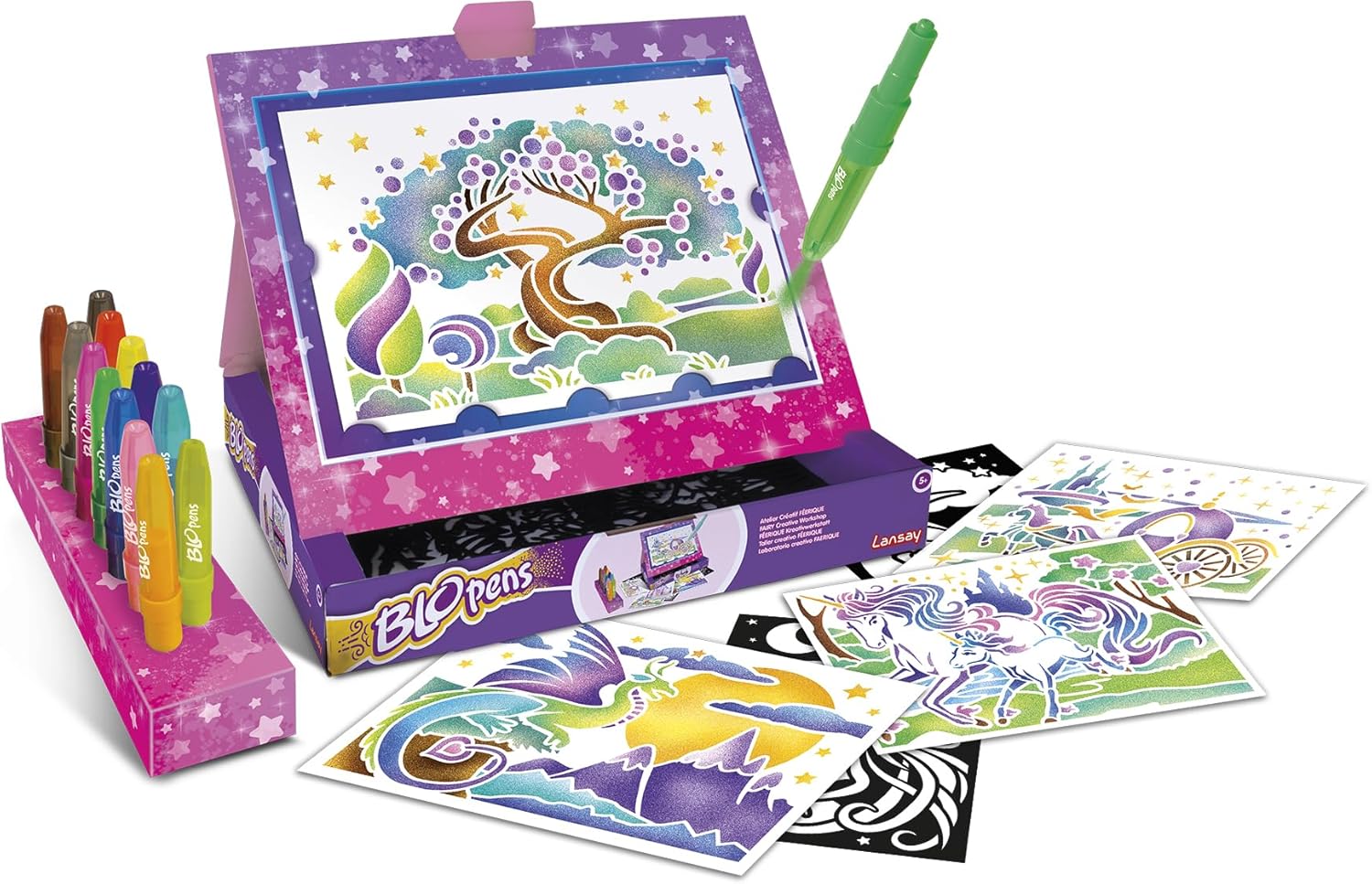 Lansay – Creative Studio BLOPENS | Drawing & Coloring Kit for Children from 5 Years | 13 Blopens Airbrush Effect Felt-Tip Pens + 16 Reusable Stencils | Manual Activity